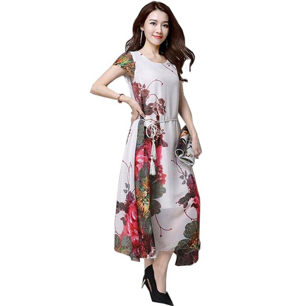 

New Middle Aged Women Dress Summer O -Neck Print Chiffon Long Dress Fashion Plus Size Loose Mother Beach Dress