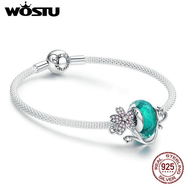 

wostu 925 sterling silver green murano beads pink flower charm bangles & bracelet for women original silver jewelry gift cqb822, Black