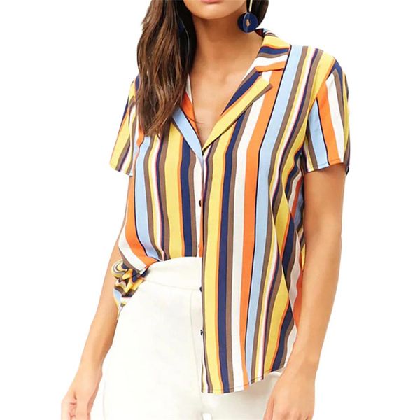 

womens and blouses fashion short sleeve woman shirts casual button up pullover chiffon striped plus size tunic blouse, White