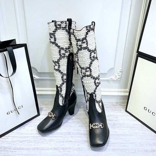 

autumn and winter europe and america vintage boots high-heeled women's boots side zipper colorblock stripe matching with ms. knight boo, Black