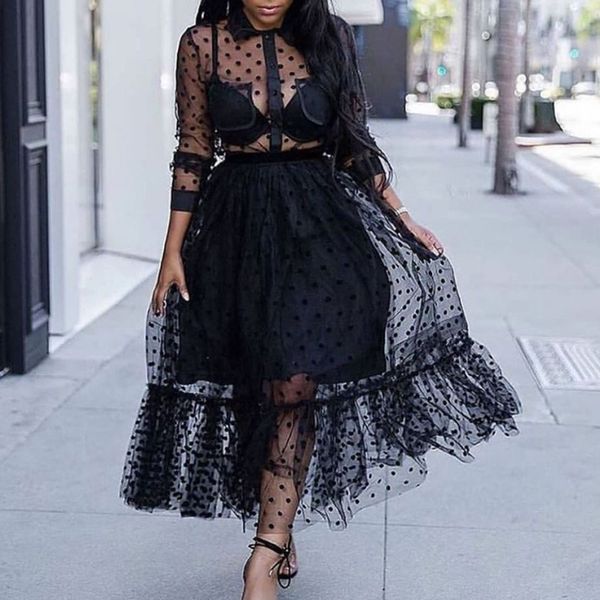 

black mesh 2 pieces set polka dot see through transparent shirts with tulle skirts lining elastic waist pleated for women, White