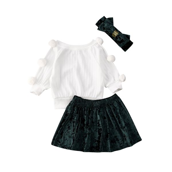 

toddler kids baby girl clothes long sleeve velvet skirt headband outfit, White