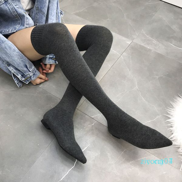 

stretch fabrics women's over the knee boots pointed toe 2 colors knitting thread flat boots niufuni spring winter woman shoes z07, Black