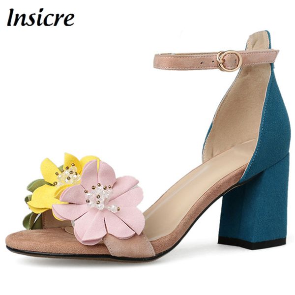 

insicre summer cow suede women's roman pearl flowers sandals open toe buckle strap chunky high heel shoes pink apricot, Black