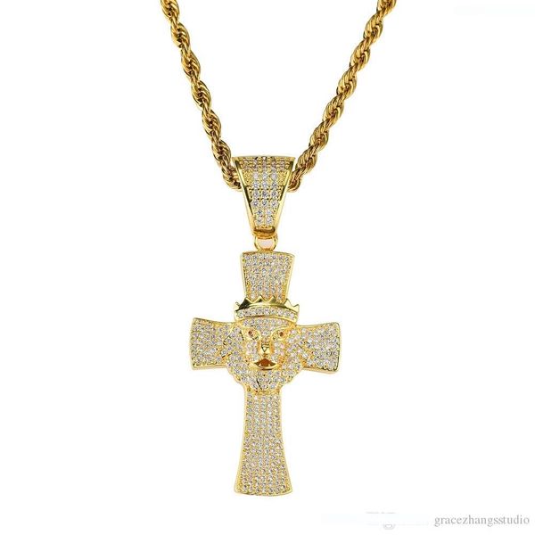 

хип-хоп крест алмазов кулон ожерелье для мужчин западные корона лев роскошь ожерелье реального позолоченные медные цирконами кубинские цепи, Silver