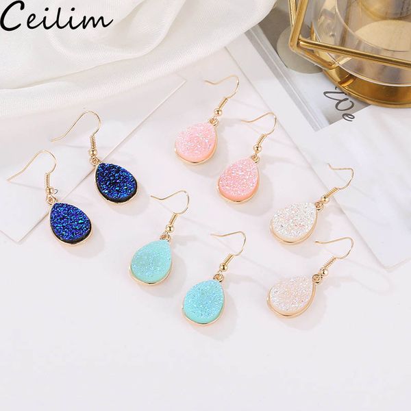 

handmade druzy resin stone earrings for women teardrop drusy dangle earrings gold plating big hook ear party jewelry gifts, Silver