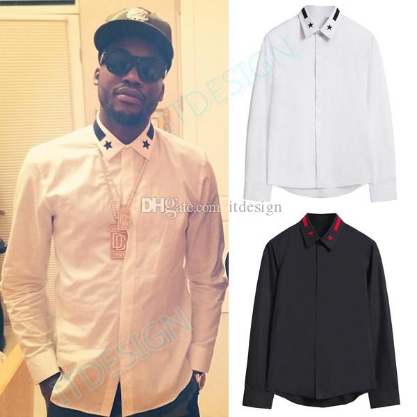 

new product fashion design slim fit men stars striped embroidery long sleeve cotton casual shirt black/white, White;black
