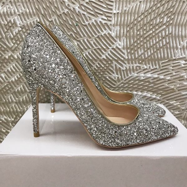 

2020 new wedding lady women green glitter silver poined toes high heeled heels stiletto shoes designer pumps 12cm 10cm, Black
