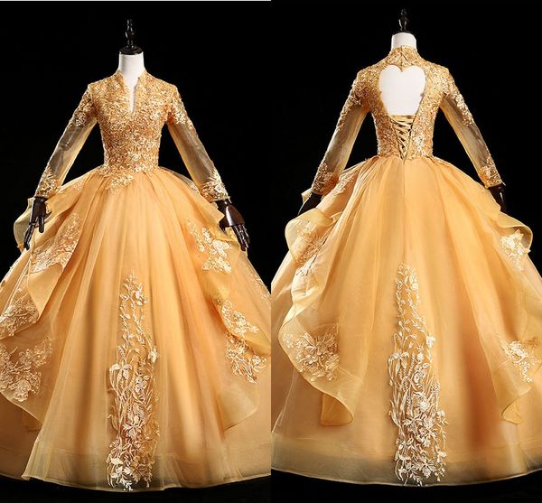 Золотые свадебные платья с длинным рукавом Цветочные кружевные аппликации бисером рюшами Tulle Ball Clange Bridal Party платье Vestidos de Novia Revief