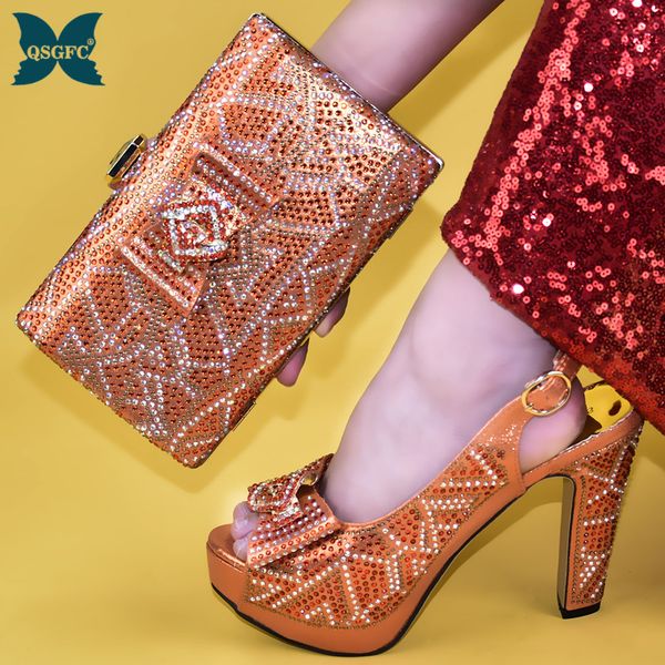 

new orange color italian ladies wedding shoes and bag set decorated with rhinestone african matching shoes and bags in women, Black