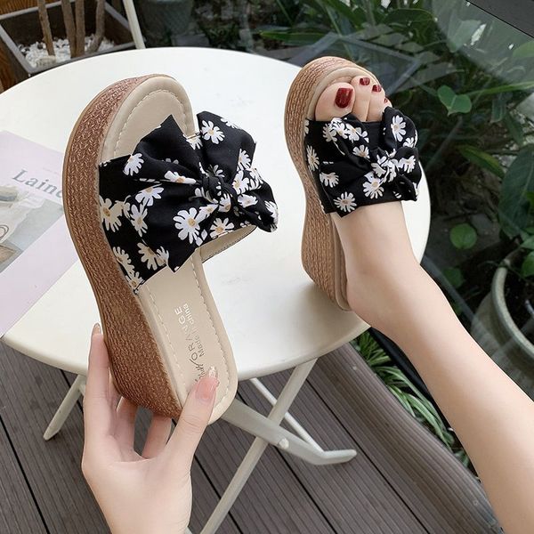 

slippers casual shoes on a wedge slipers women slides butterfly-knot heeled mules 2020 heels high wedges pu rubber, Black