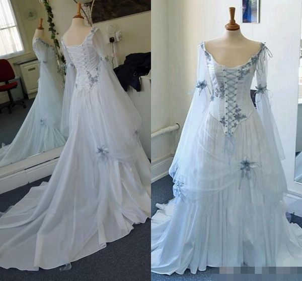 

vintage celtic wedding dresses white and pale blue colorful medieval bridal gowns scoop neckline corset long bell sleeves appliques flowers