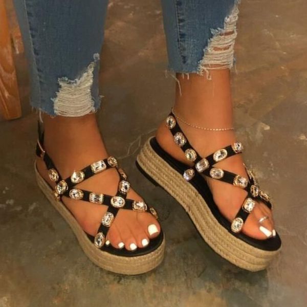 

summer beach bling bling crystal rome ladies sandals rhinestone platform cutouts wedges women sandals shoes woman, Black