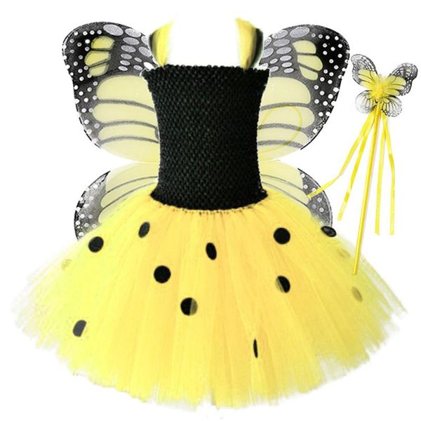 

kids girls yellow insect costume set polka dot tutu dress wings wand cosplay, Black;red
