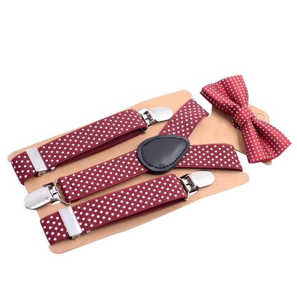 

2pcs/set cute kids children boys dot print bowtie 3 strap clips braces bow tie suit shirts gentleman belt suspenders, Red;brown