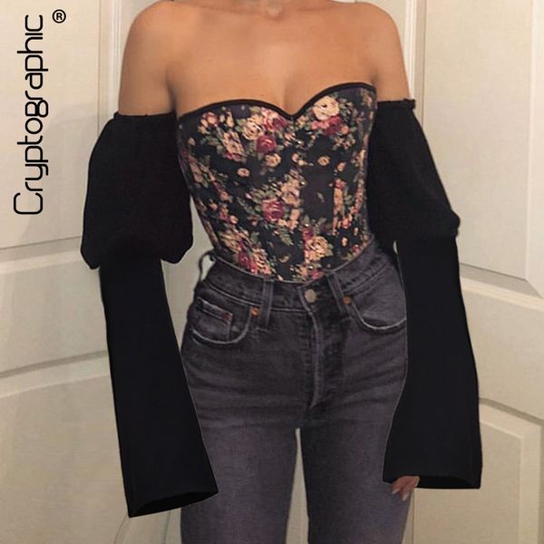 

cryptographic off shoulder backless lace up bustier corset women floral print hooks shirts flare long sleeve top, White