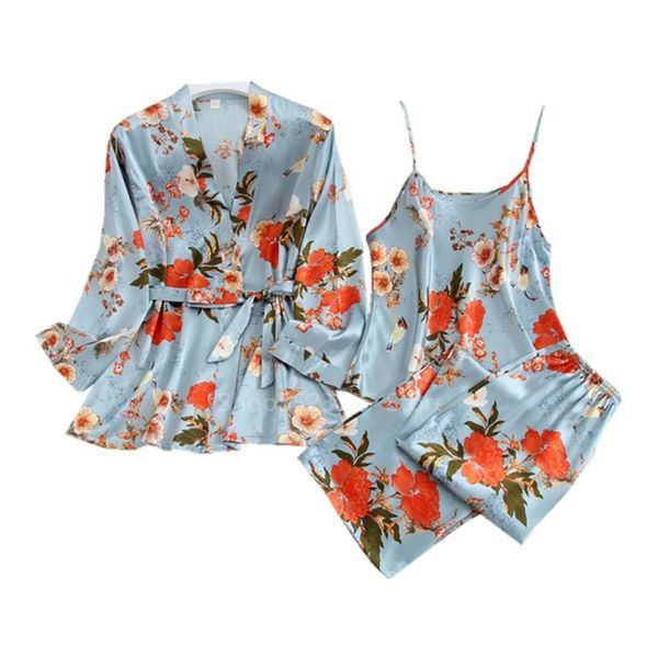 

2020 news spring summer pajamas for women 3pcs pjs home wear clothes floral print sleep satin silk robe sets loose, Black;red