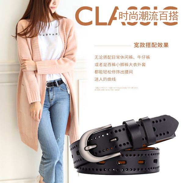 

ladies leather belts do not need to punch holes hollow belt students korean version of retro casual belt clothing belt direct sales, Black;brown