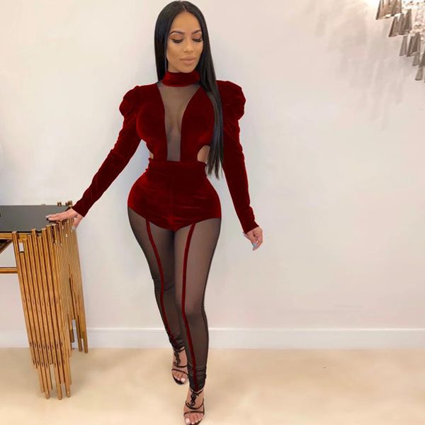

selling european and american women's jumpsuits gold velvet mesh stitching bubble sleeve jumpsuits, Black;white