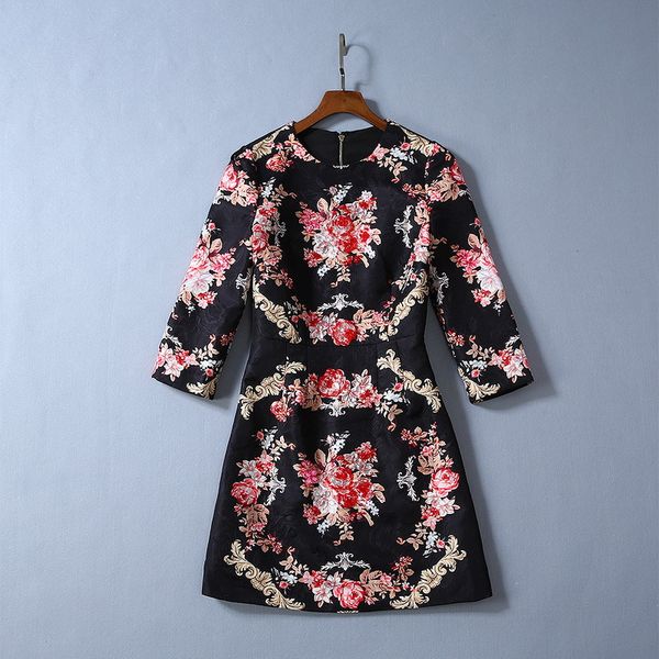 

86 2019 autumn brand same style crew neck 3/4 sleeve beads solid print luxury dress sh, Black