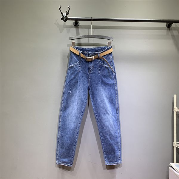 

blue high waist jeans woman fashion full length bleach wash button fly pleated vintage regular straight streetwear