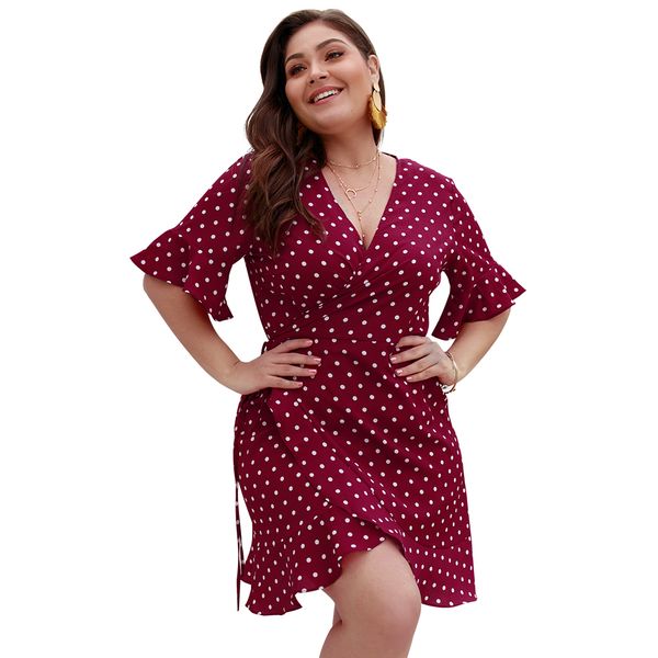 

2019 summer big size dresse women dots dresses plus size woman fat v-neck party dress plus size a-line mini dress 4xl, Black;gray