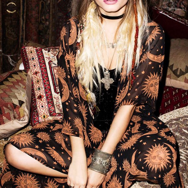 

women summer vintage kimono cardigan half sleeve chiffon loose flower printed casual beach sunsreen fashion long blouse, White