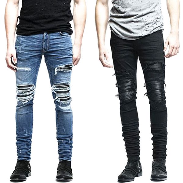 

mens denim pants fashion scratched skinny biker jeans high street ripped men slim fit justin bieberjeans, Blue