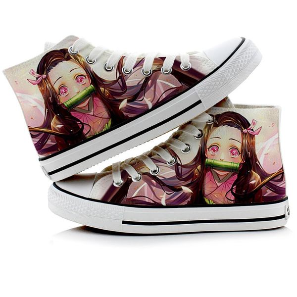 

anime kimetsu no yaiba demon slayer casual canvas shoes hand-painted kamado tanjirou nezuko agatsuma flat duck shoes sneakers, Black