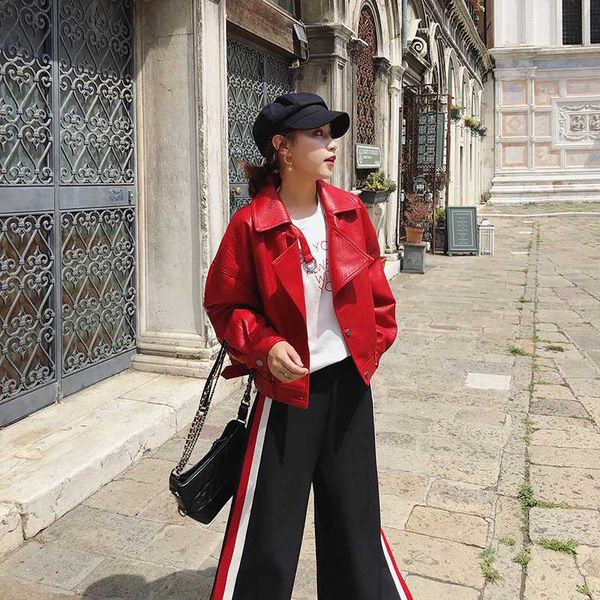 

women's leather & faux autumn jacket women loose turndown collar single breasted motorcycle coats, Black