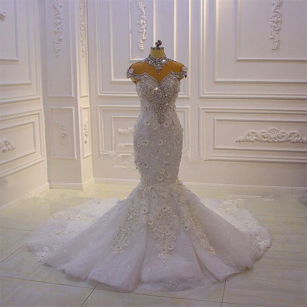 Luxury High Neck Crystal Beaded Mermaid Wedding Dress Vintage