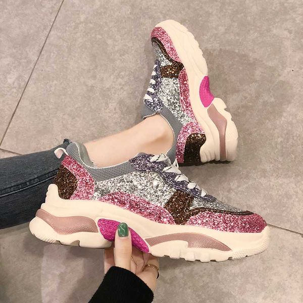 

trend brand woman blingbling shoes platform sneakers for women thick sole shoes flats ladies footwear female zapatos de mujer, Black