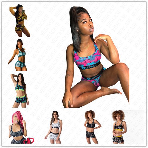 

summer women swimwear 2 piece swimsuit fashion print sports bra crop tank vest + shorts bikini set beachwear swimming bathing suit d61513, White;black