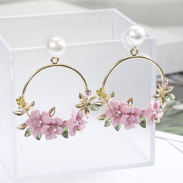 

newly women round circle dangle earrings sweet flower five-pointed star decor luxury jewelry pink flower earrings brincos, Silver
