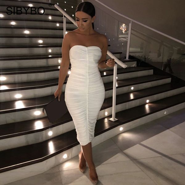 

casual dresses sibybo strapless pleated bodycon dress off shoulder sleeveless summer party women backless beach, Black;gray