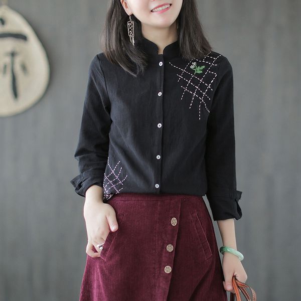 

cotton and linen autumn new embroidered literary wild long-sleeved shirt cardigan retro top, White