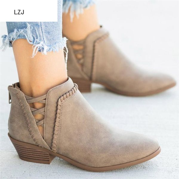 

lzj 2019 womens boots fashion casual ladies shoes martins boots pu leather high heeled zipper ankle for femme 35-43, Black