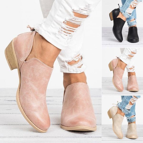 

autumn classic boots women pointed toe med chunky heel casual slip-on boots fashion ankle for women botas mujer black pink