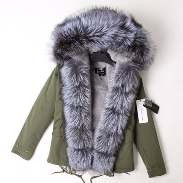 Felpa con cappuccio con finiture in pelliccia di volpe argentata Threshold giacche calde da donna fodera in pelliccia di volpe argentata e coniglio mini parka in tela verde militare