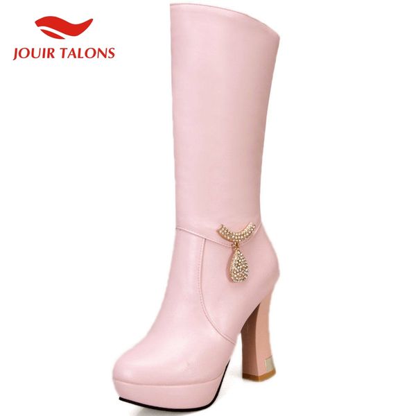 

jouir new arrivals dropship size 43 chunky high heels mid calf boots woman shoes women zip up platform party boots women, Black