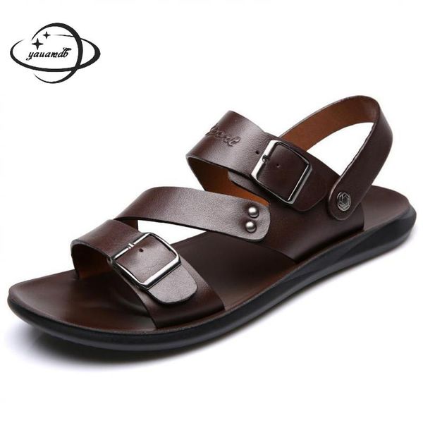 

mens sandals summer male sandals ankle-wrap low heel solid color letter buckle mature man shoes y46, Black