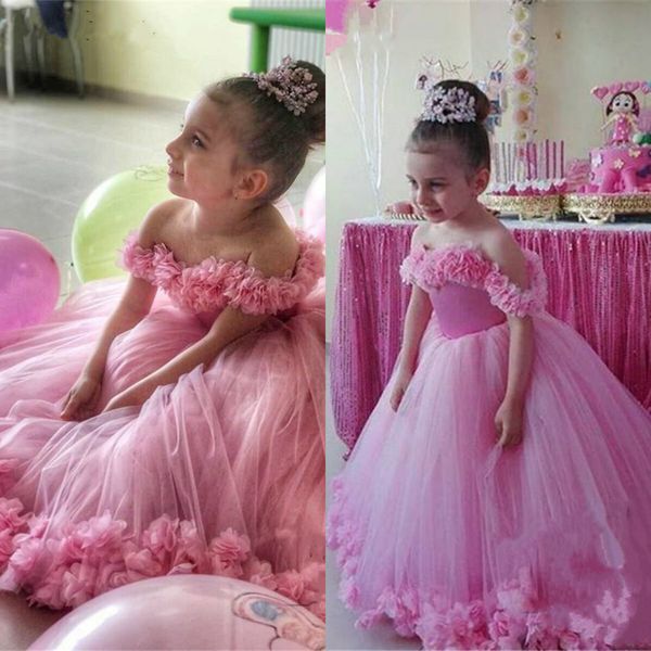 

pink 3d floral ball gown flower girls dresses off shoulder puffy toddler pageant dress wedding little baby gowns for communion, White;blue