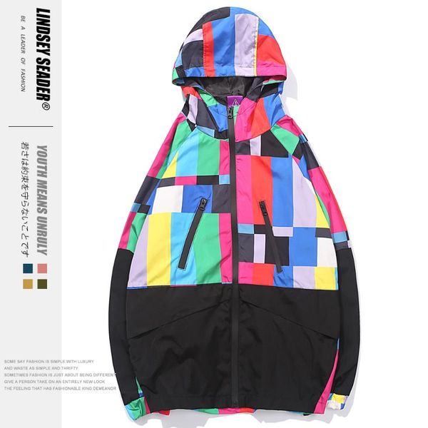 

men's windbreaker rain jacket hoodie thin plaid black white vintage hooded tracksuit avoid sun burn outwear, Black;brown