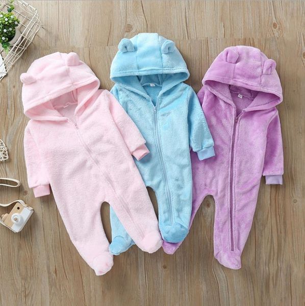 

baby girl rompers solid flannel infant boy jumpsuits long sleeve newborn hooded overalls warm baby clothes 3 colors dw4985, Blue