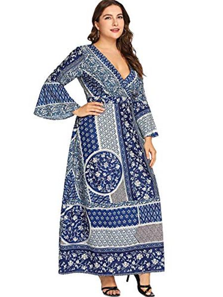 

milumia plus size summer floral printed wrap v neck maxi dress party black empire waisted dress, Black;gray