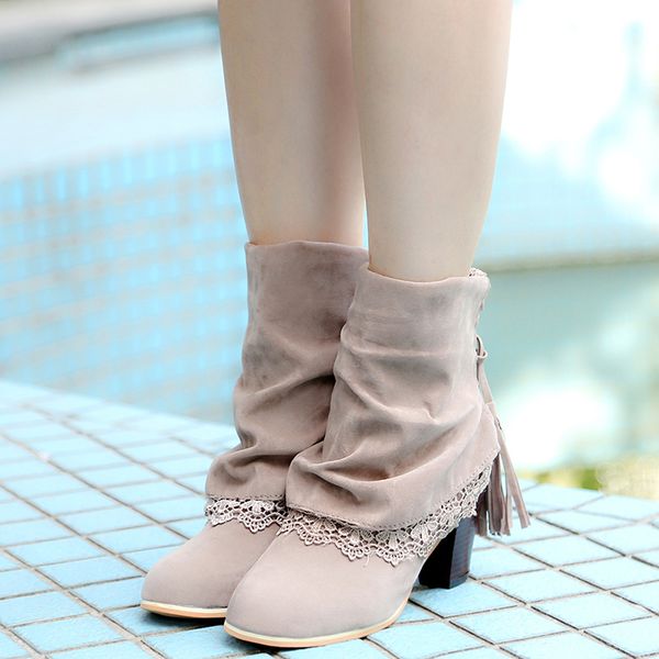 

fashion women boots sued leather round toe ankle boots lace ladies 7cm high heels tassel shoes woman winter, Black