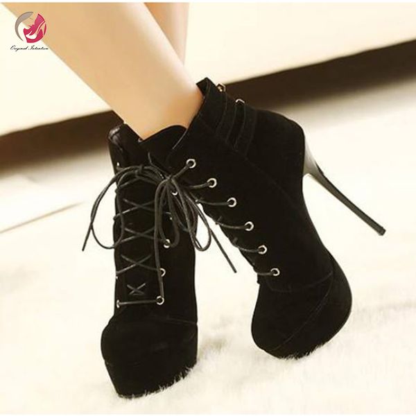 

original intention anke boots woman black round toe thin high heels platform lace-up short boots female concise grace charm