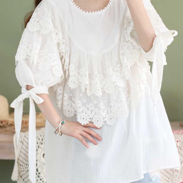 

original design aigyptos spring summer women cotton shirts ladies fresh mori girl embroidery lace patchwork sweet white shirts