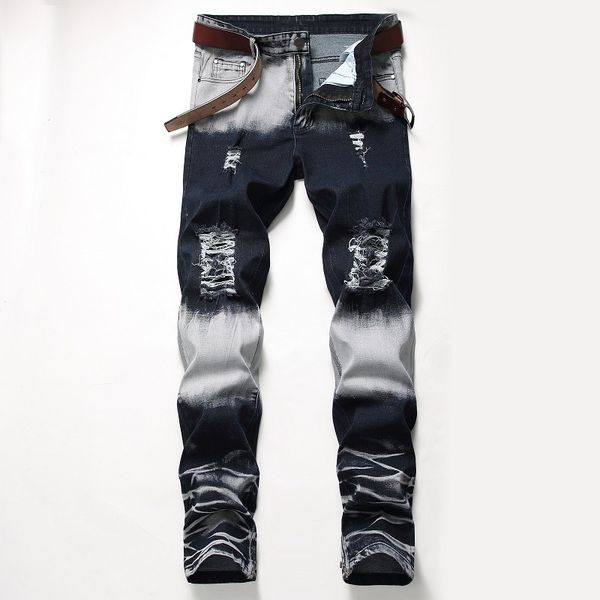 

qmgood cool fashion hole jeans mens straight stretch denim pants large size ripped jeans for men streetwear trend men's, Blue