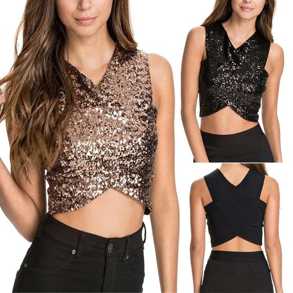 

women tank v neck sleeveless sparkly shimmer sequin solid crop party club short blouse shirt clothes ropa mujer, White